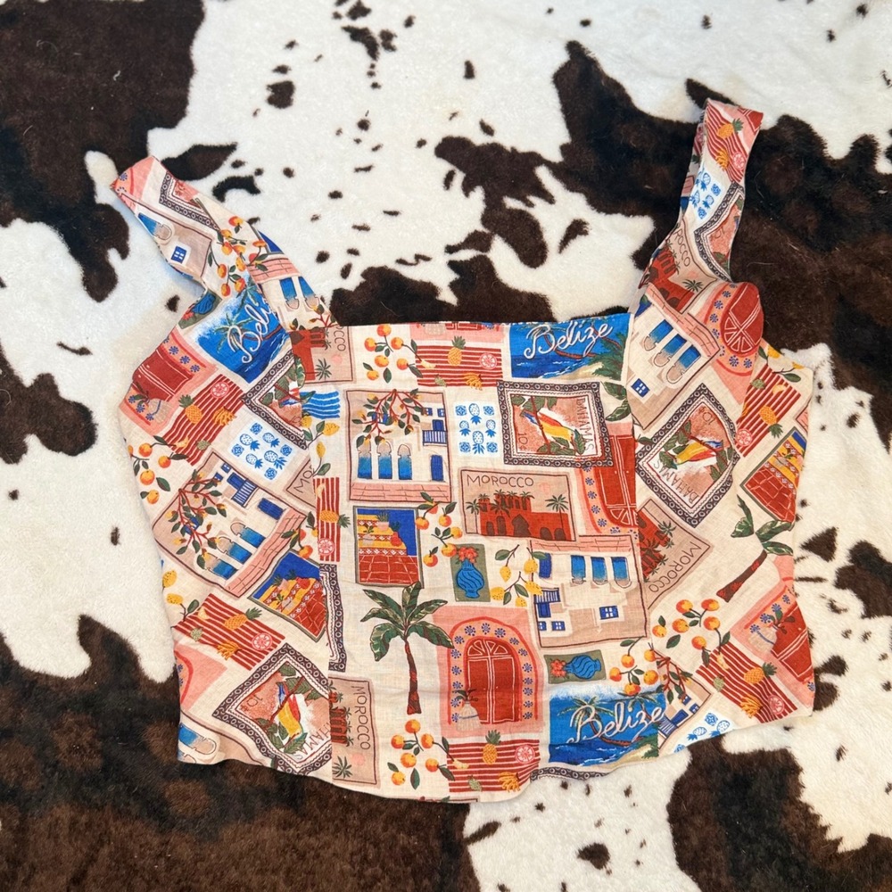 Maurices‎ Crop Top Women Medium Multi Postcard Print Linen Blend Boho Tropical